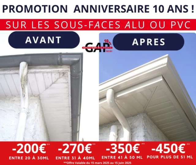 Plus que 1 mois pour bénéficier de la promotion sur les dessous de toit ! 🚨

Réduction de -200€ à -450€ sur le montant HT de votre devis ! 
En fonction des mètres linéaires de votrre maison. 

Choix de 26 coloris sur la sous faces 🎨

Pour plus d'informations contactez nous au 05.49.39.08.84 ou sur dalalu.gap@gmail.com. 

Offre valable du 15 mars au 15 juin 2025 voir les conditions générales de la garantie. 

www.gap-poitiers.fr/la-promotion-anniversaire-des-dessous-de-toit/
www.gap-poitiers.fr/dessous-de-toit-en-aluminium/

 #dessousdetoit #aluminium #avantaprès #avantaprès